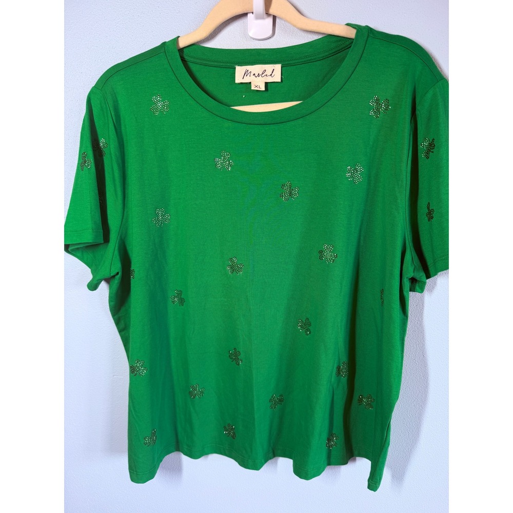 Marled Womens T-Shirt XL Green St. Patricks Day Shamrock Embellished Clovers